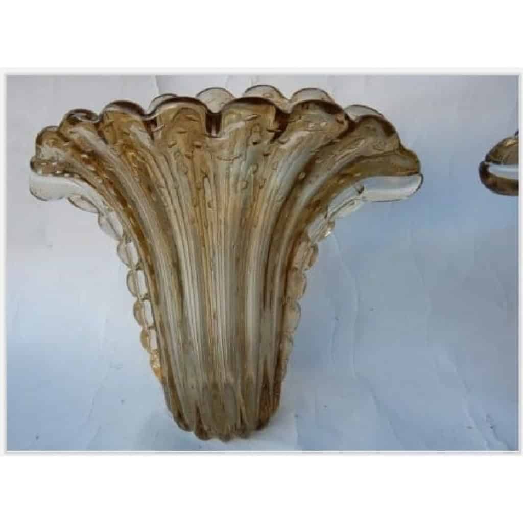 1970′ Paire de Vases Cristal Murano Fumé et Or Signés Toso H 33 Cm 10