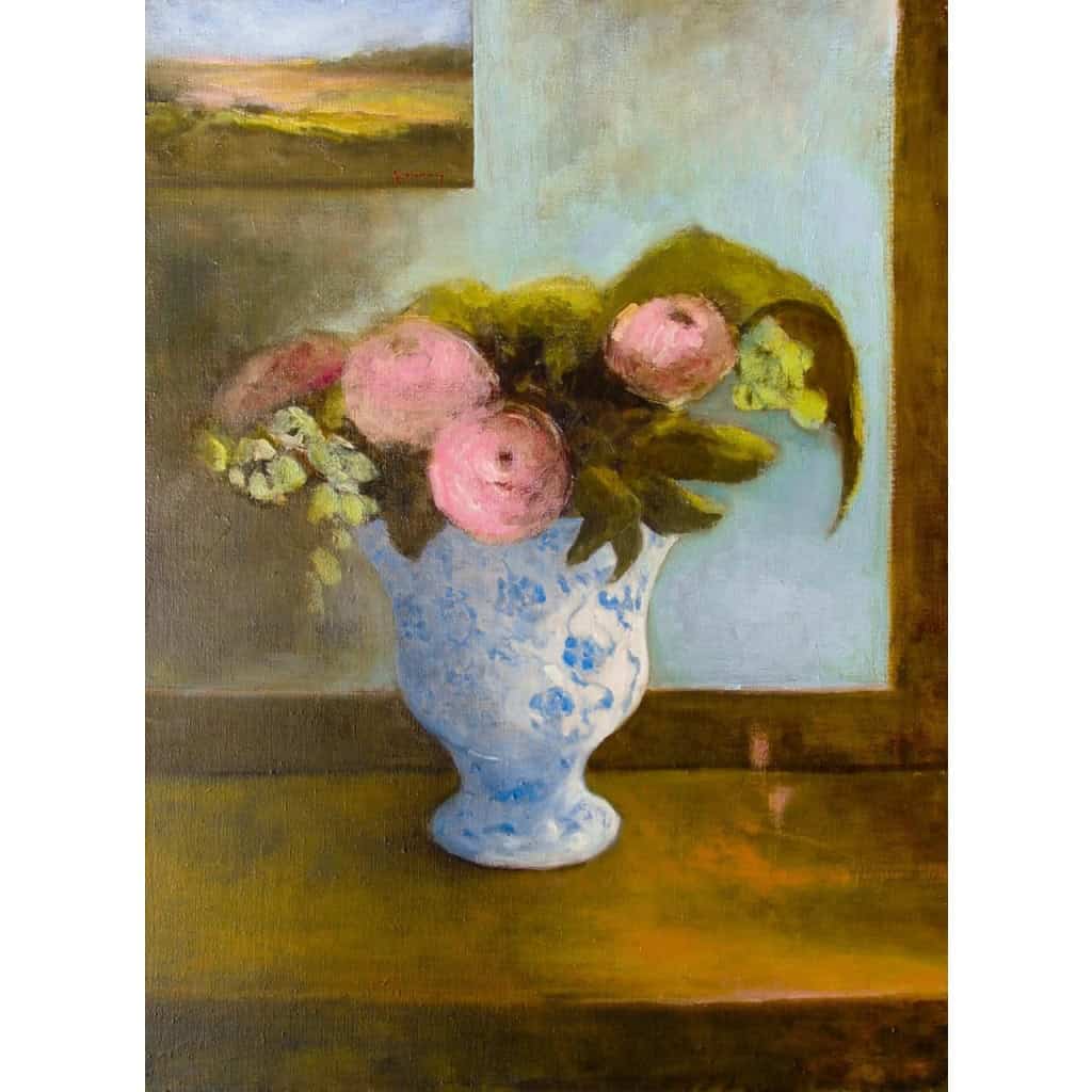 Tableau à l’huile intitulé « Chinoiserie, bouquet dans un vase chinois » de l’artiste Isabelle Delannoy | Biron Isabelle Delannoy|||