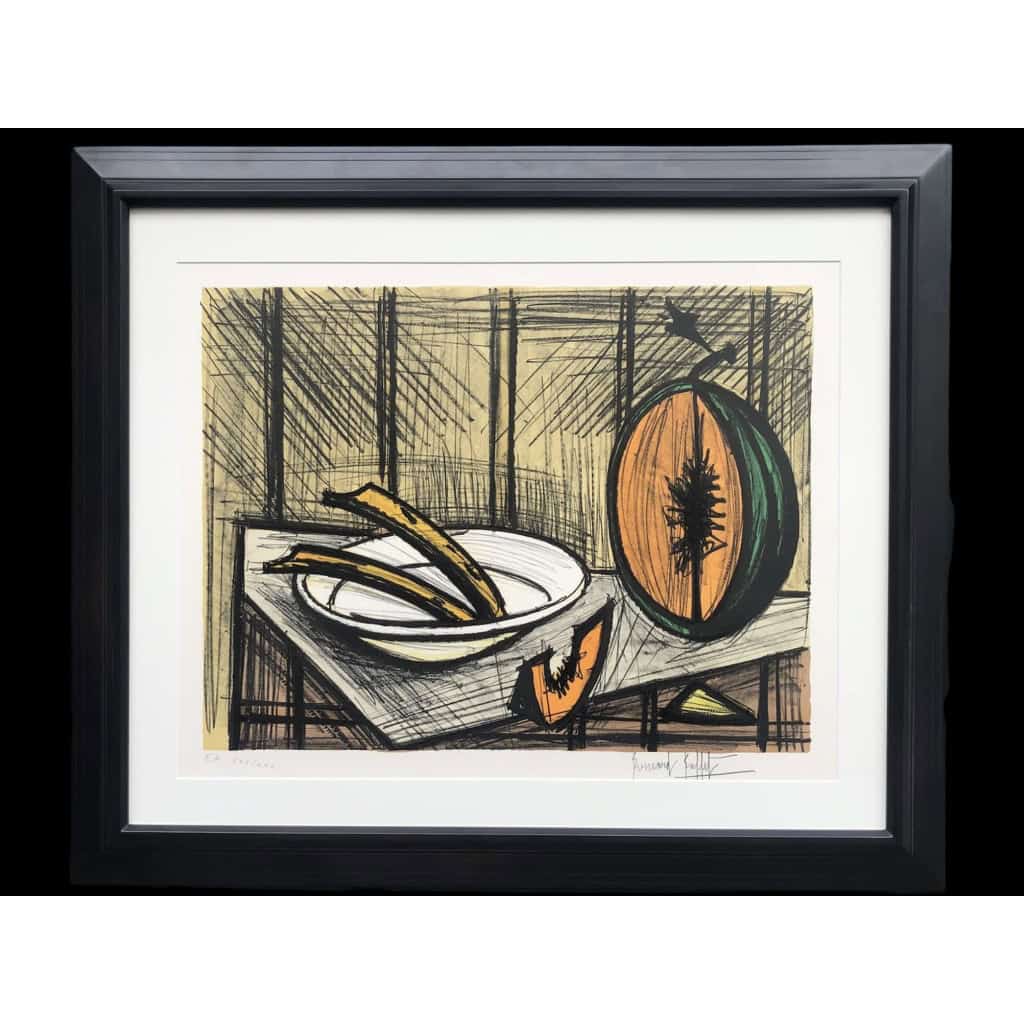 BUFFET Bernard Nature morte au melon et à l’assiette Lithographie couleurs justifiée | Biron ||||||