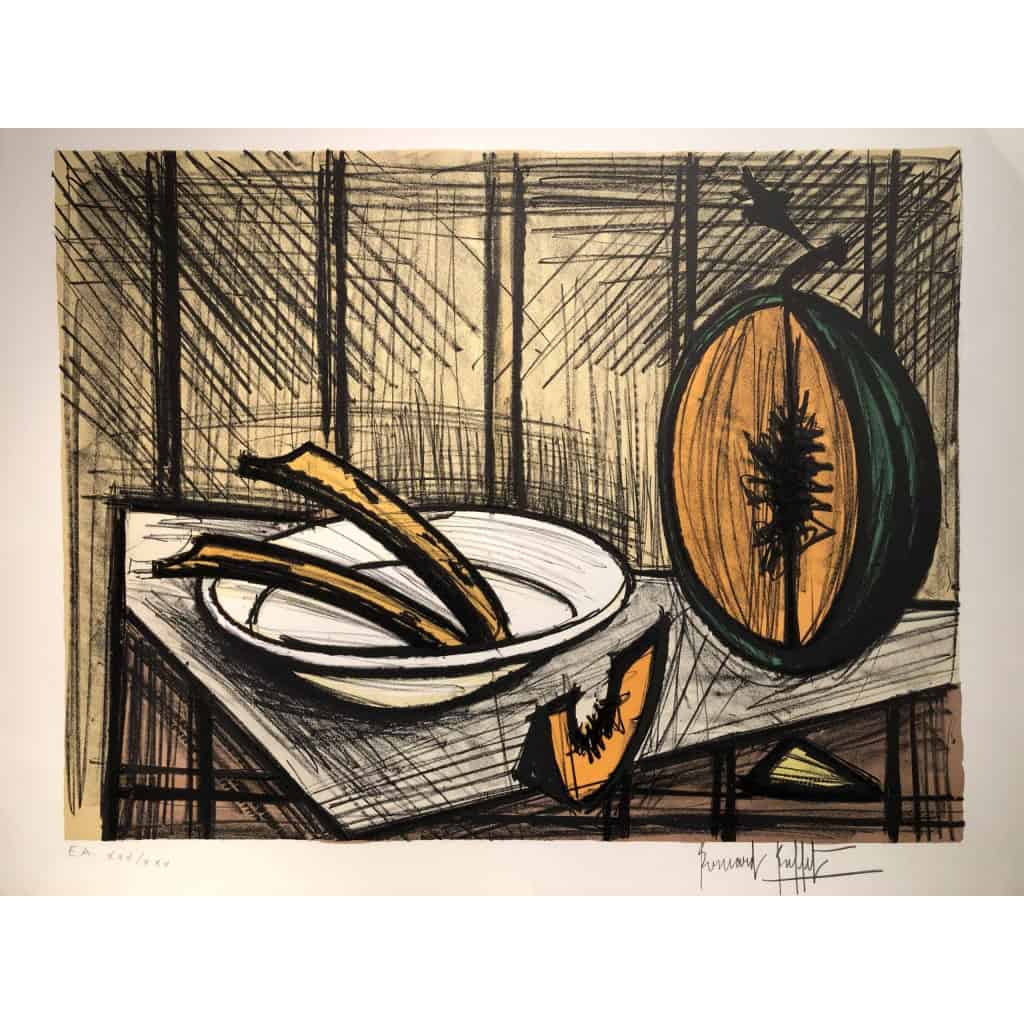 BUFFET Bernard Nature morte au melon et à l’assiette Lithographie couleurs justifiée | Biron BUFFET Bernard Nature morte au melon et à l'assiette Lithographie couleurs justifiée