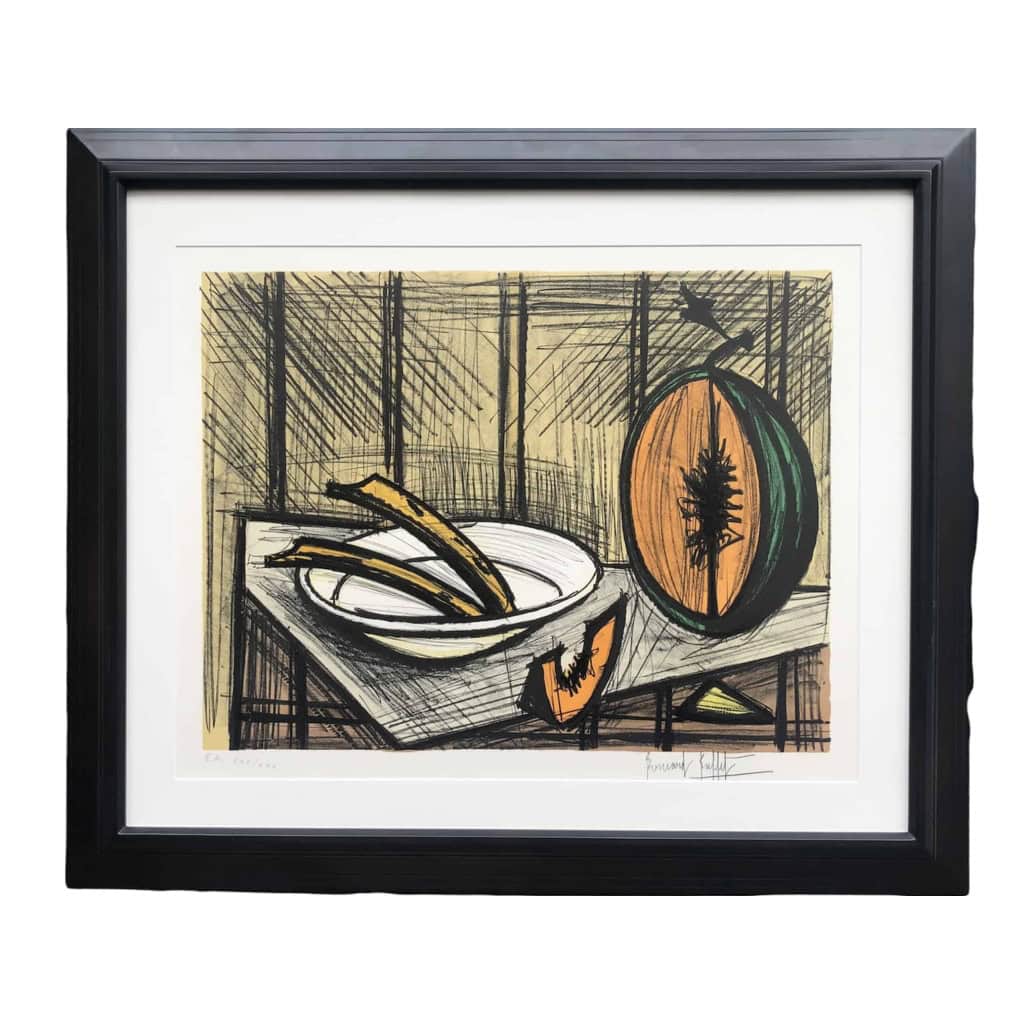 BUFFET Bernard Nature morte au melon et à l’assiette Lithographie couleurs justifiée | Biron BUFFET Bernard Nature morte au melon et à l'assiette Lithographie couleurs justifiée