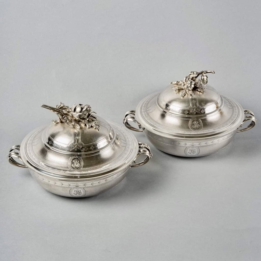 Christofle – Paire Légumiers Soupières Argent Massif Guilloché | Biron Christofle - Paire Légumiers Soupières Argent Massif Guilloché