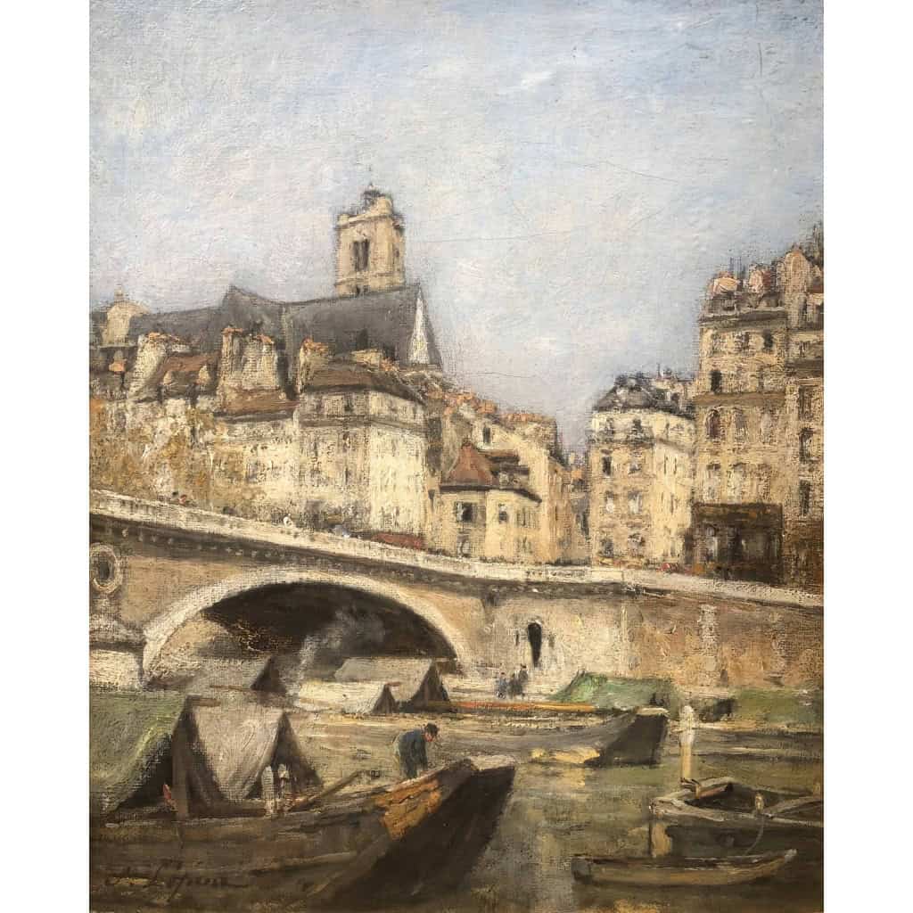 LEPINE Stanislas Paris, Le pont Louis Philippe en 1878 Huile sur toile signée catalogue raisonné N°54