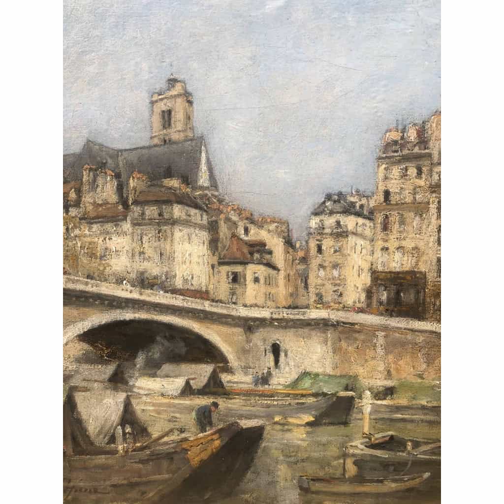 LEPINE Stanislas Paris, Le pont Louis Philippe en 1878 Huile sur toile signée catalogue raisonné N°54