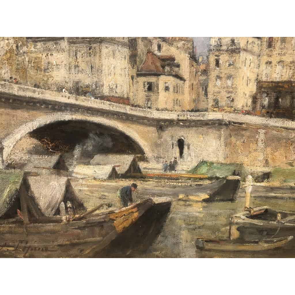 LEPINE Stanislas Paris, Le pont Louis Philippe en 1878 Huile sur toile signée catalogue raisonné N°54