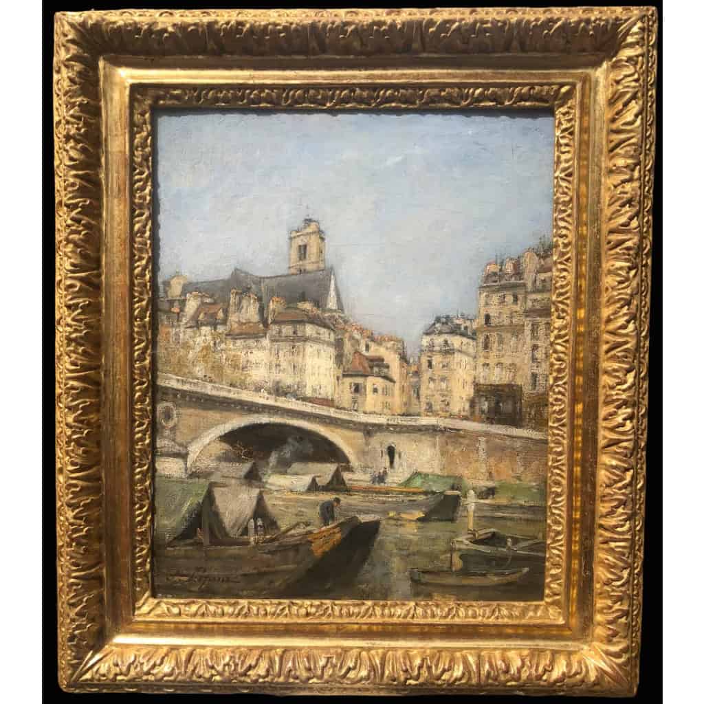 LEPINE Stanislas Paris, Le pont Louis Philippe en 1878 Huile sur toile signée catalogue raisonné N°54