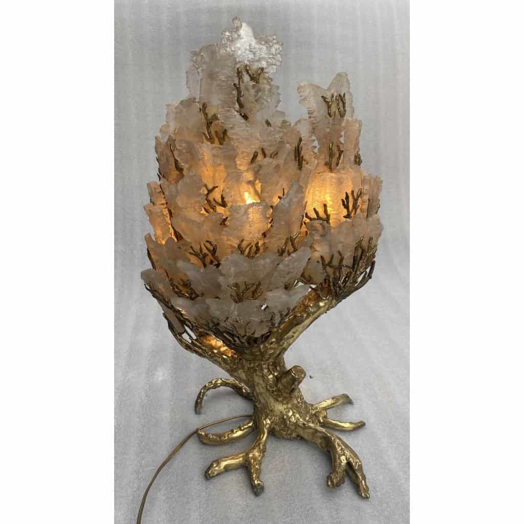 1970′Lampe Corail Éclairante En Bronze Avec Gypse Imitant le Cristal De Roche Style Duval Brasseur, Faure, Fernandez | Biron |||||||||||||