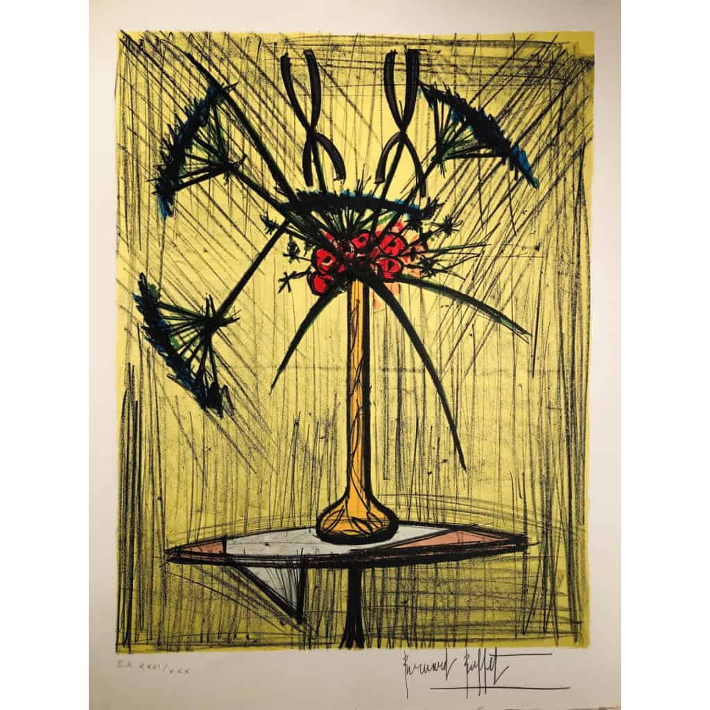 BUFFET Bernard Nature morte au vase de fleurs sur un guéridon Lithographie couleurs justifiée | Biron BUFFET Bernard Nature morte au vase de fleurs sur un guéridon Lithographie couleurs justifiée