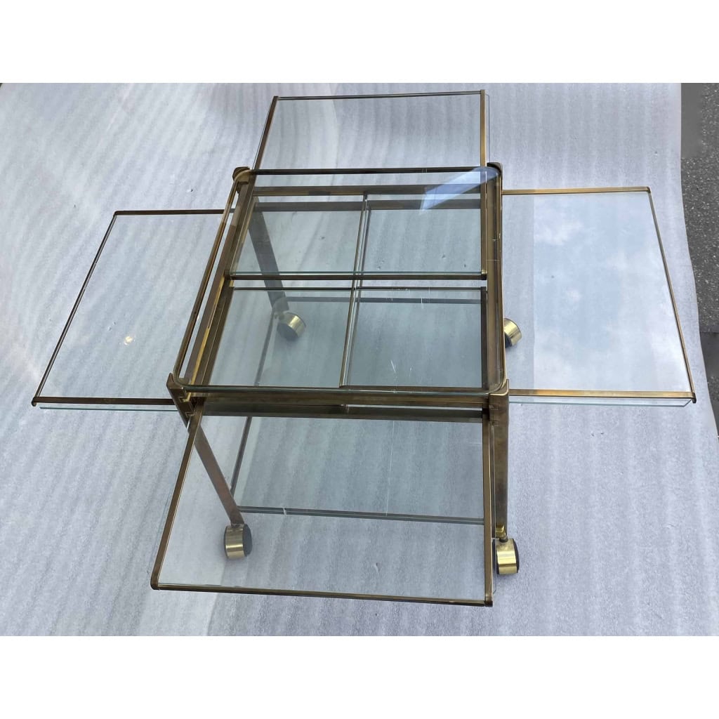 1970′ Desserte Roulante Extensible Jacques QUINET, Pour la maison MALABERT.Provenance Palace Parisien En Laiton Patiné.