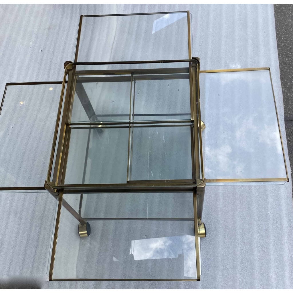 1970′ Desserte Roulante Extensible Jacques QUINET, Pour la maison MALABERT.Provenance Palace Parisien En Laiton Patiné.