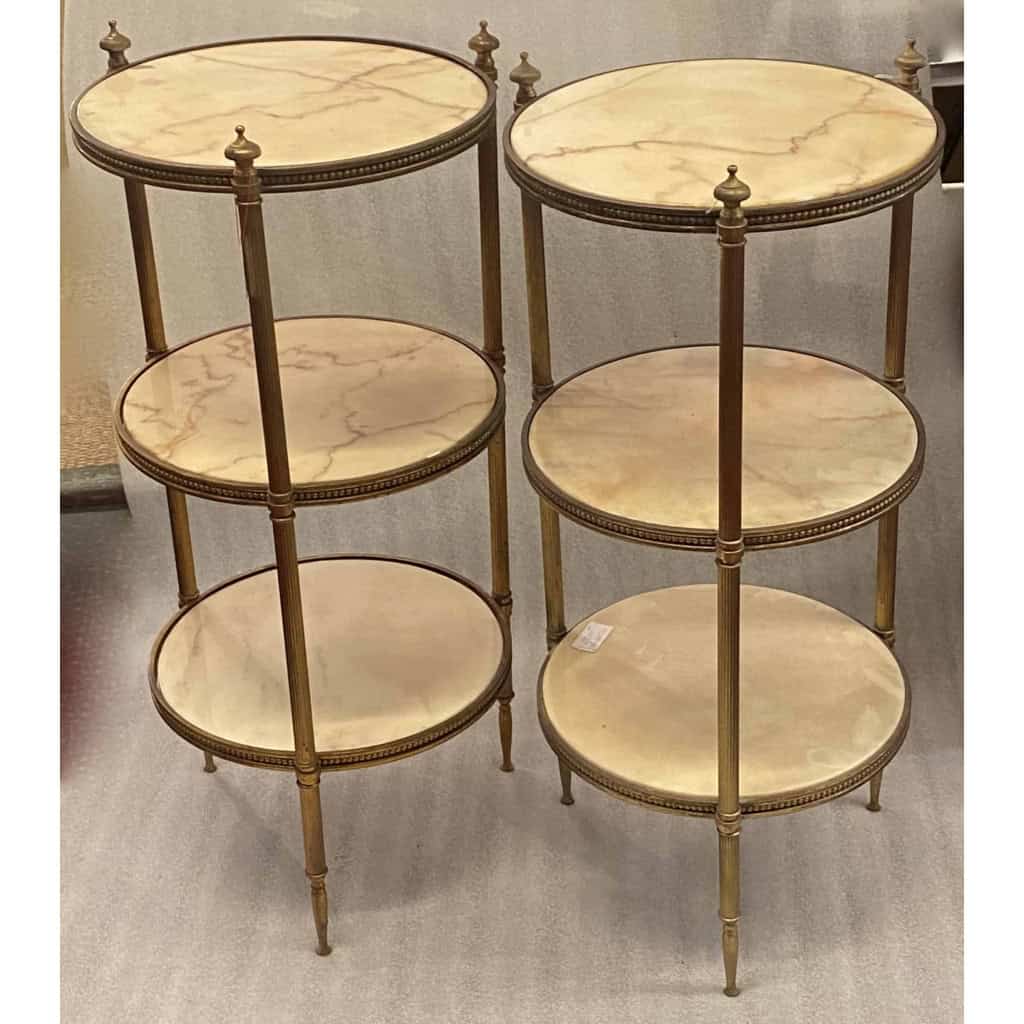 1970′ Paire De Guéridons Ou Sellettes Rondes Bronze Doré Et Onyx 3 Plateaux Maison Jansen, Baguès Ou Charles ∅ 40 H 81 c | Biron |||||||||||