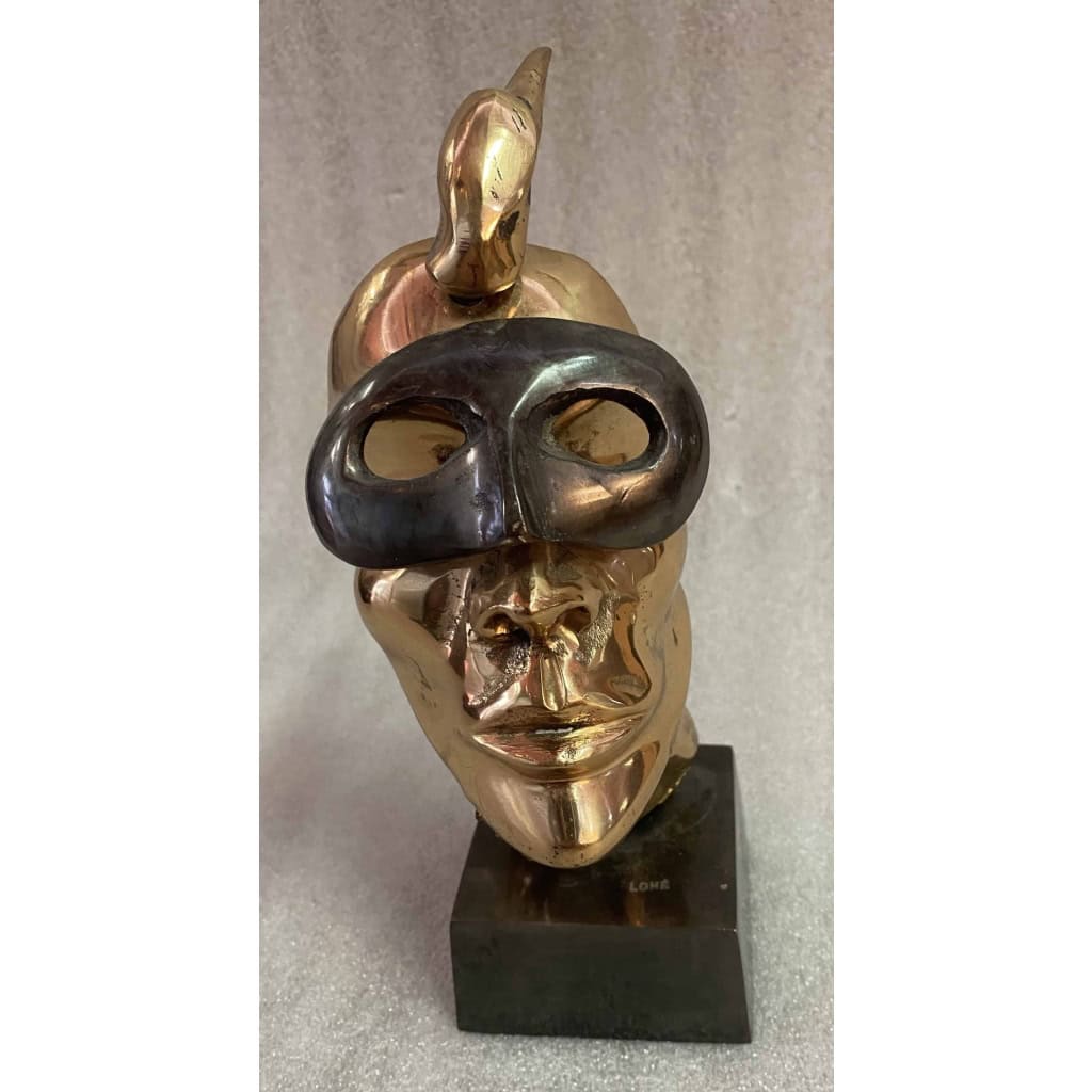 1970/80 Visage Masqué En Bronze , Sculpture Signée LOHE | Biron 1970/80 Visage Masqué En Bronze , Sculpture Signée LOHE