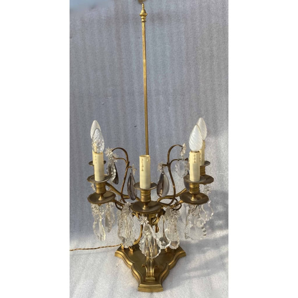 1950′ Lampe Girandole Bronze 5 Bras Pampilles H 82 cm | Biron 1950′ Lampe Girandole Bronze 5 Bras Pampilles H 82 cm