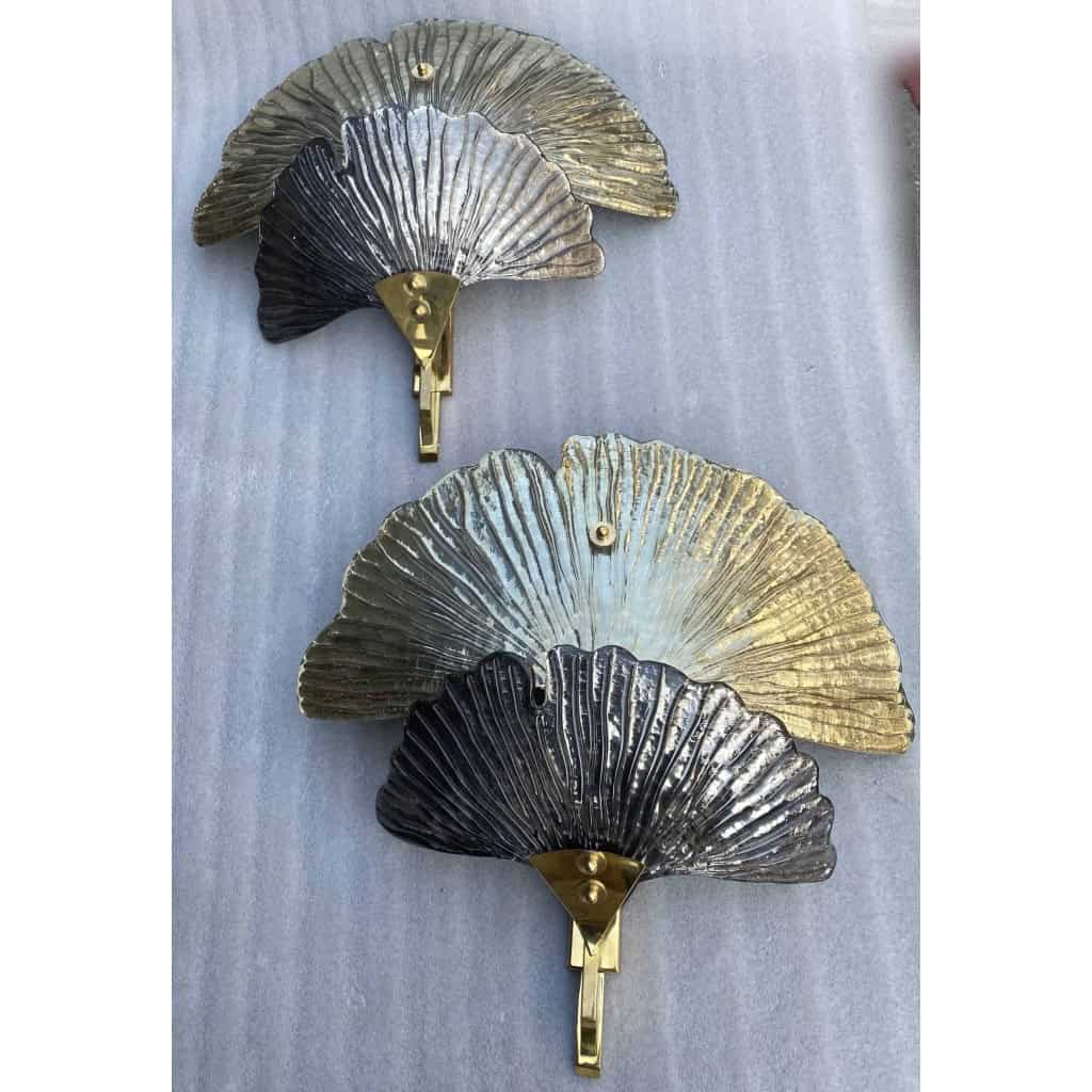 1970/90′ Paire d’Appliques Aux Ginkgo Cristal Murano Violine et Or Attribuées A Toso H 70 cm | Biron ||||||||