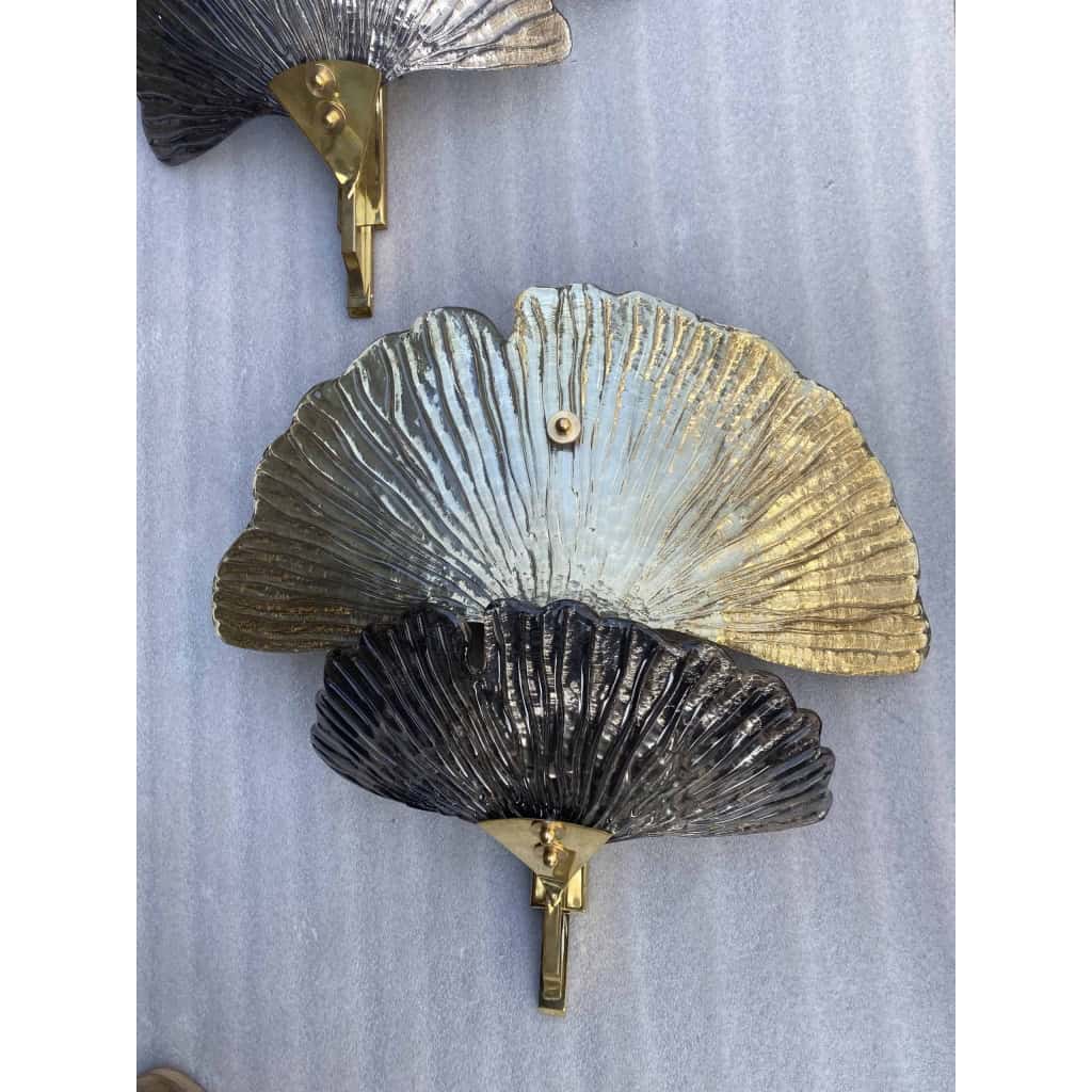 1970/90′ Paire d’Appliques Aux Ginkgo Cristal Murano Violine et Or Attribuées A Toso H 70 cm | Biron 1970/90′ Paire d’Appliques Aux Ginkgo Cristal Murano Violine et Or Attribuées A Toso H 70 cm