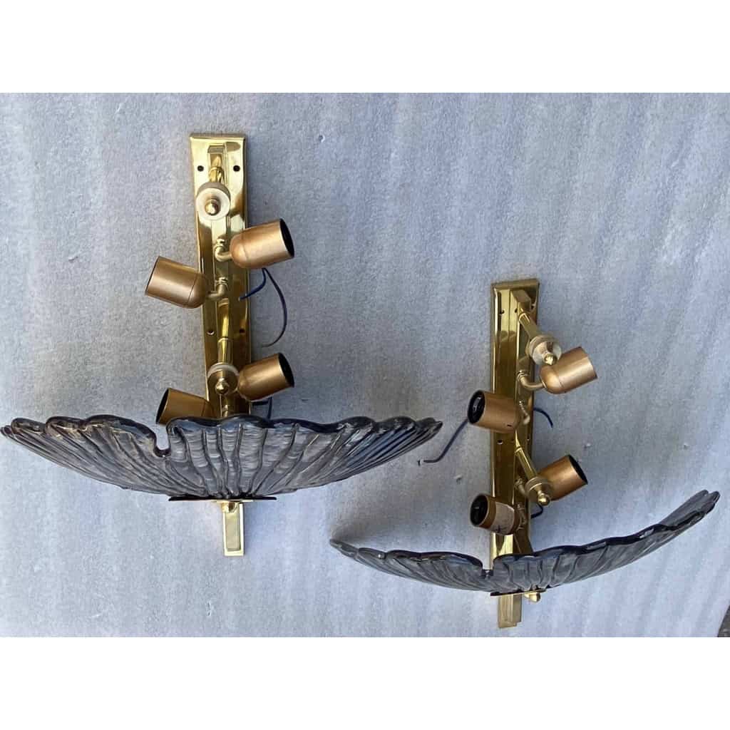 1970/90′ Paire d’Appliques Aux Ginkgo Cristal Murano Violine et Or Attribuées A Toso H 70 cm | Biron 1970/90′ Paire d’Appliques Aux Ginkgo Cristal Murano Violine et Or Attribuées A Toso H 70 cm