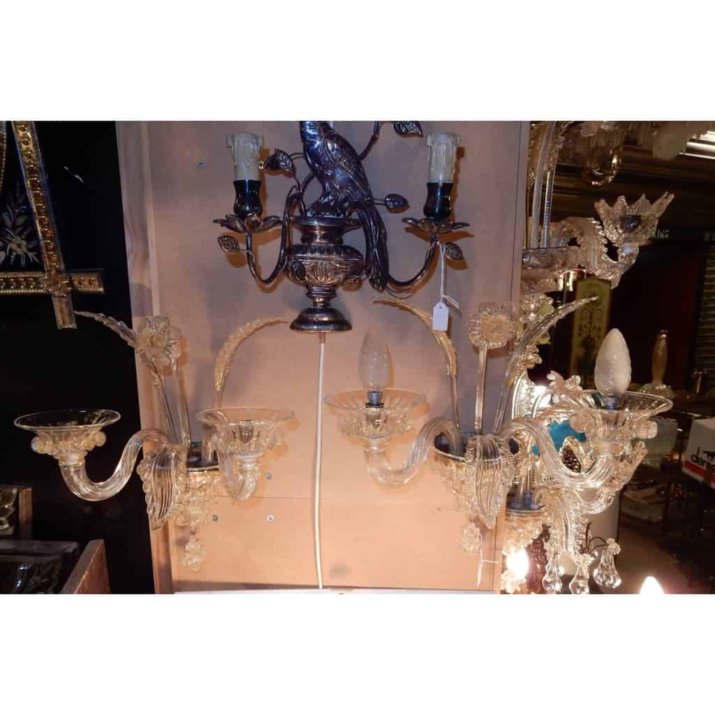 1950′ Paire d’Appliques Murano 2 Bras Cristal et Paillons d’Or | Biron ||||||