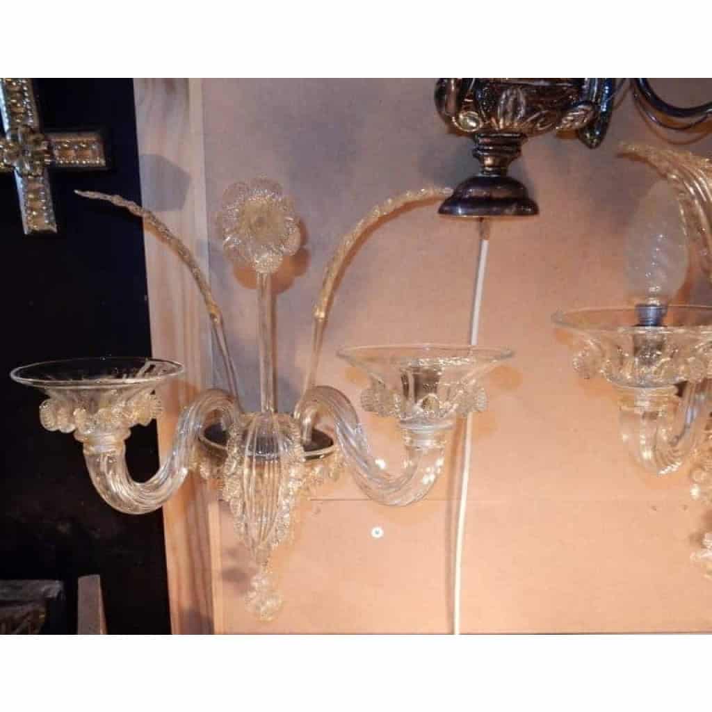 1950′ Paire d’Appliques Murano 2 Bras Cristal et Paillons d’Or | Biron 1950′ Paire d’Appliques Murano 2 Bras Cristal et Paillons d’Or