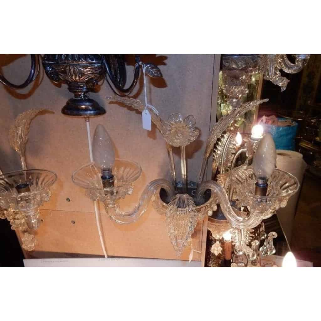 1950′ Paire d’Appliques Murano 2 Bras Cristal et Paillons d’Or | Biron 1950′ Paire d’Appliques Murano 2 Bras Cristal et Paillons d’Or