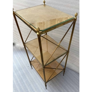 1970′ Étagère en Laiton à 3 Niveaux Maison Baguès Plateaux Cuir Vintage 32 X 40 H 86 cm