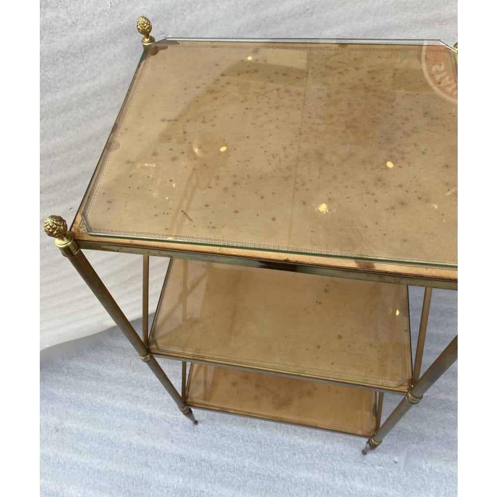 1970′ Étagère en Laiton à 3 Niveaux Maison Baguès Plateaux Cuir Vintage 32 X 40 H 86 cm 8