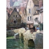 HERVE Jules Tableau 20è siècle Le pont Boujou et la Cathédrale de Chartres Huile sur toile signée