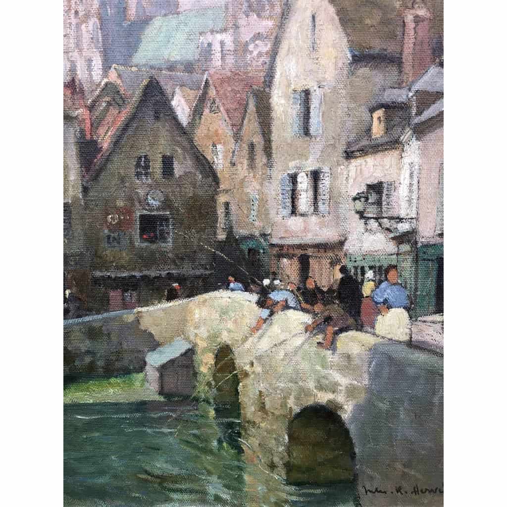 HERVE Jules Tableau 20è siècle Le pont Boujou et la Cathédrale de Chartres Huile sur toile signée