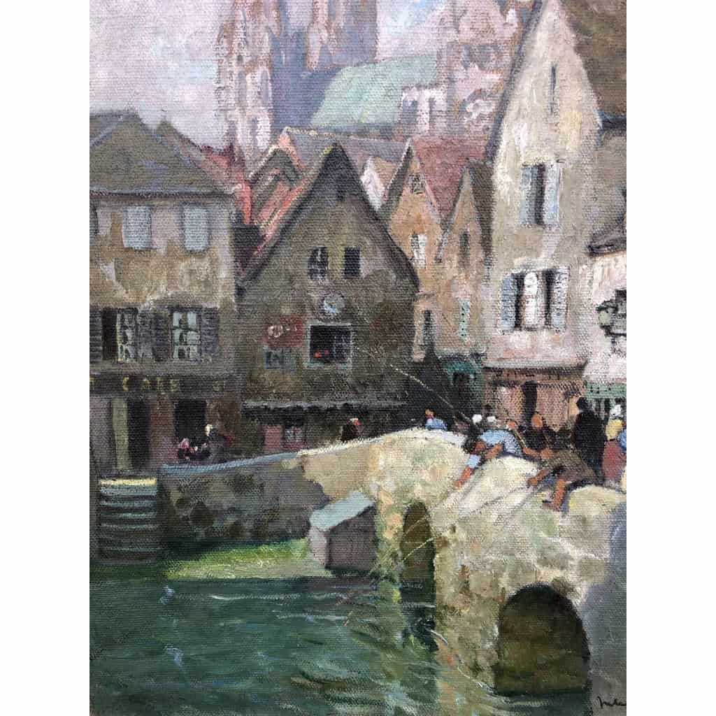 HERVE Jules Tableau 20è siècle Le pont Boujou et la Cathédrale de Chartres Huile sur toile signée