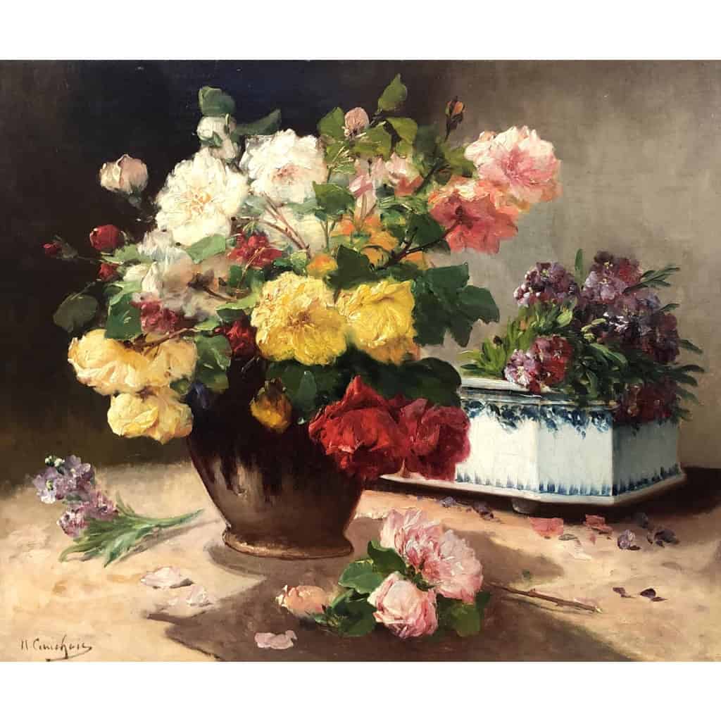 CAUCHOIX Eugène Bouquet de roses et sa jardinière huile sur toile signée Certificat d’authenticité | Biron CAUCHOIX Eugène Bouquet de roses et sa jardinière huile sur toile signée