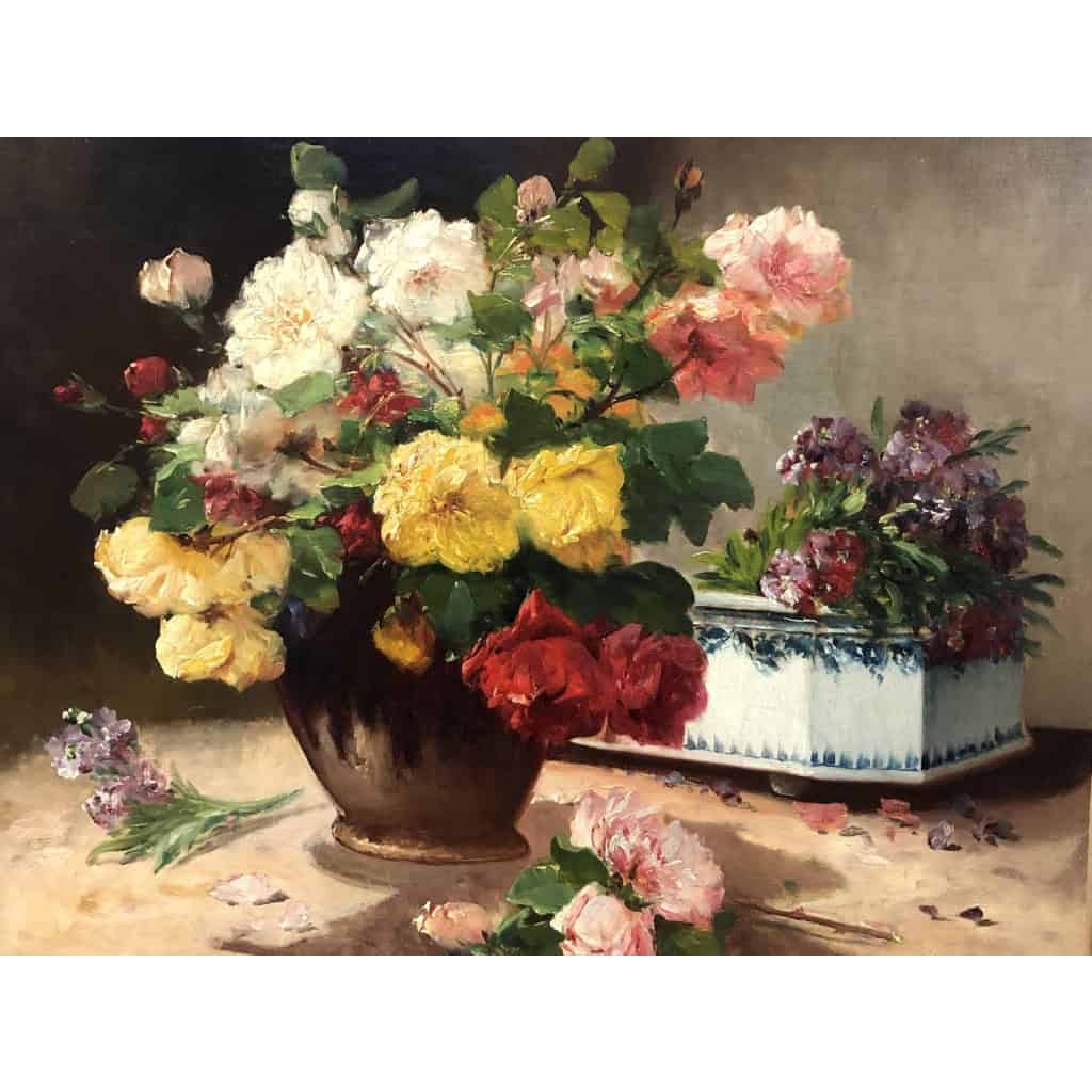 CAUCHOIX Eugène Bouquet de roses et sa jardinière huile sur toile signée Certificat d’authenticité | Biron CAUCHOIX Eugène Bouquet de roses et sa jardinière huile sur toile signée