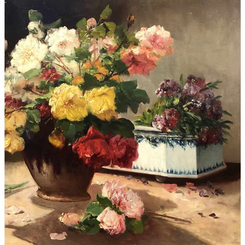 CAUCHOIX Eugène Bouquet de roses et sa jardinière huile sur toile signée Certificat d’authenticité | Biron CAUCHOIX Eugène Bouquet de roses et sa jardinière huile sur toile signée