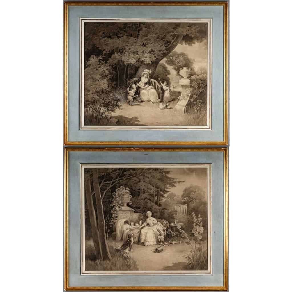 Paire de grands dessins au lavis et rehauts de gouache blanche par Jules David | Biron |||||||||||||
