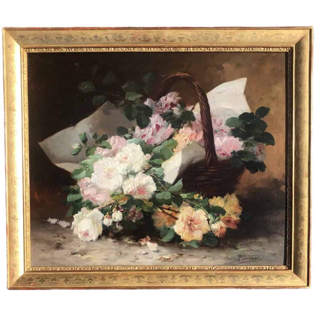CAUCHOIX Eugène Bouquet de roses dans un panier huile sur toile signée Certificat d’authenticité | Biron |||||||