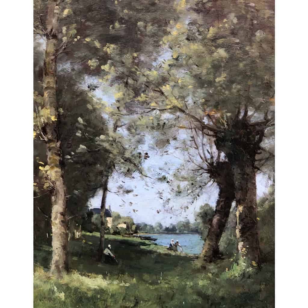 TROUILLEBERT Paul Desire Tableau 19è Ecole De Barbizon Lavandières au bord du fleuve Huile sur Toile signée