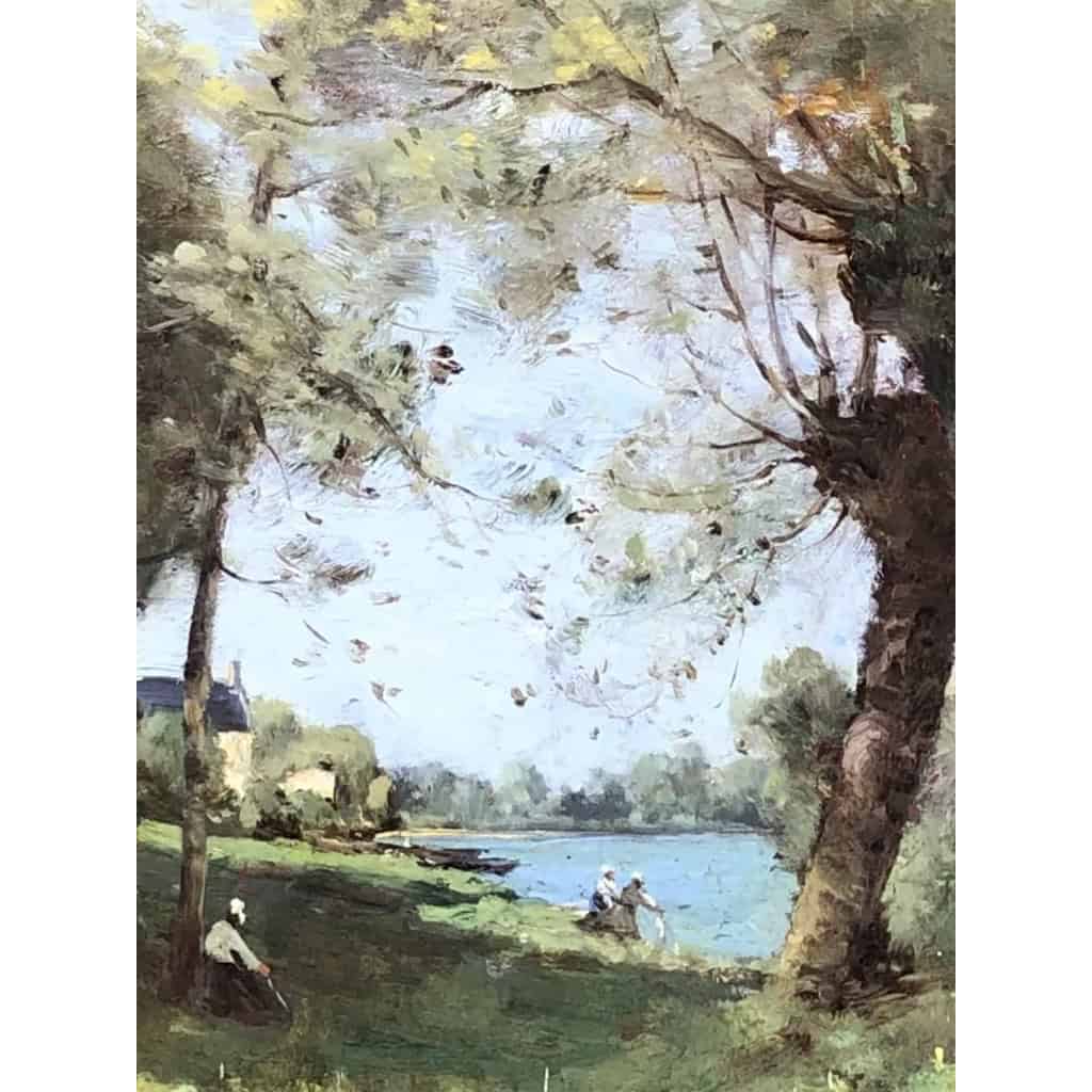 TROUILLEBERT Paul Desire Tableau 19è Ecole De Barbizon Lavandières au bord du fleuve Huile sur Toile signée
