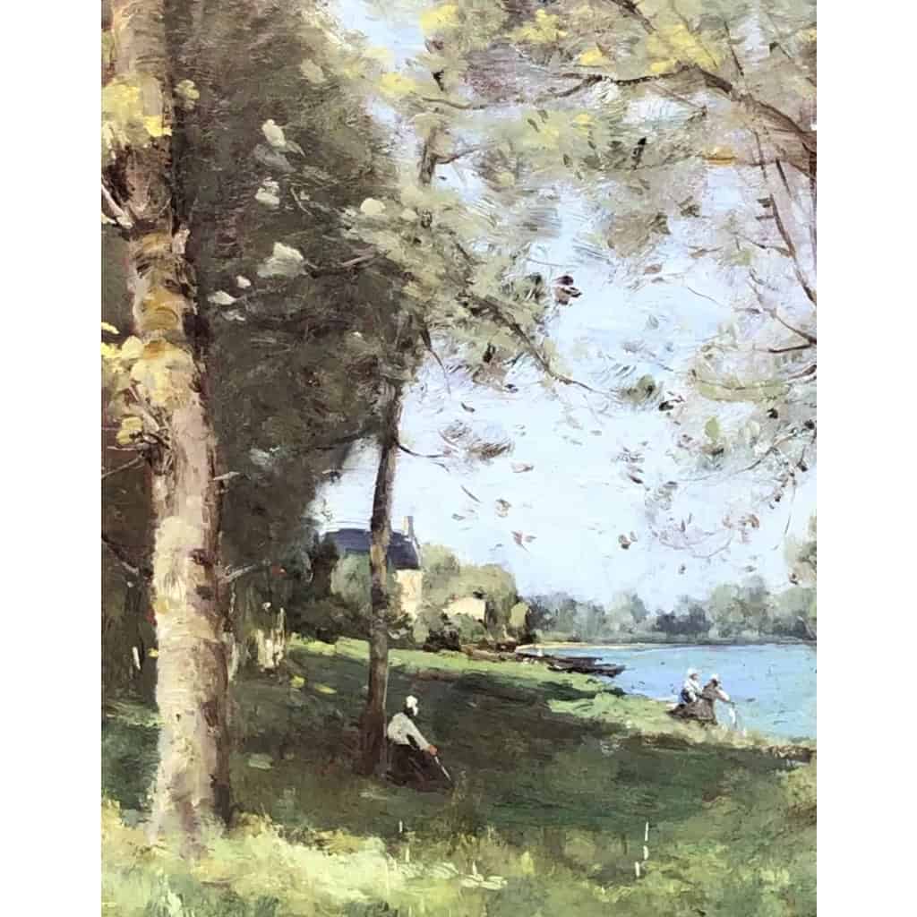 TROUILLEBERT Paul Desire Tableau 19è Ecole De Barbizon Lavandières au bord du fleuve Huile sur Toile signée