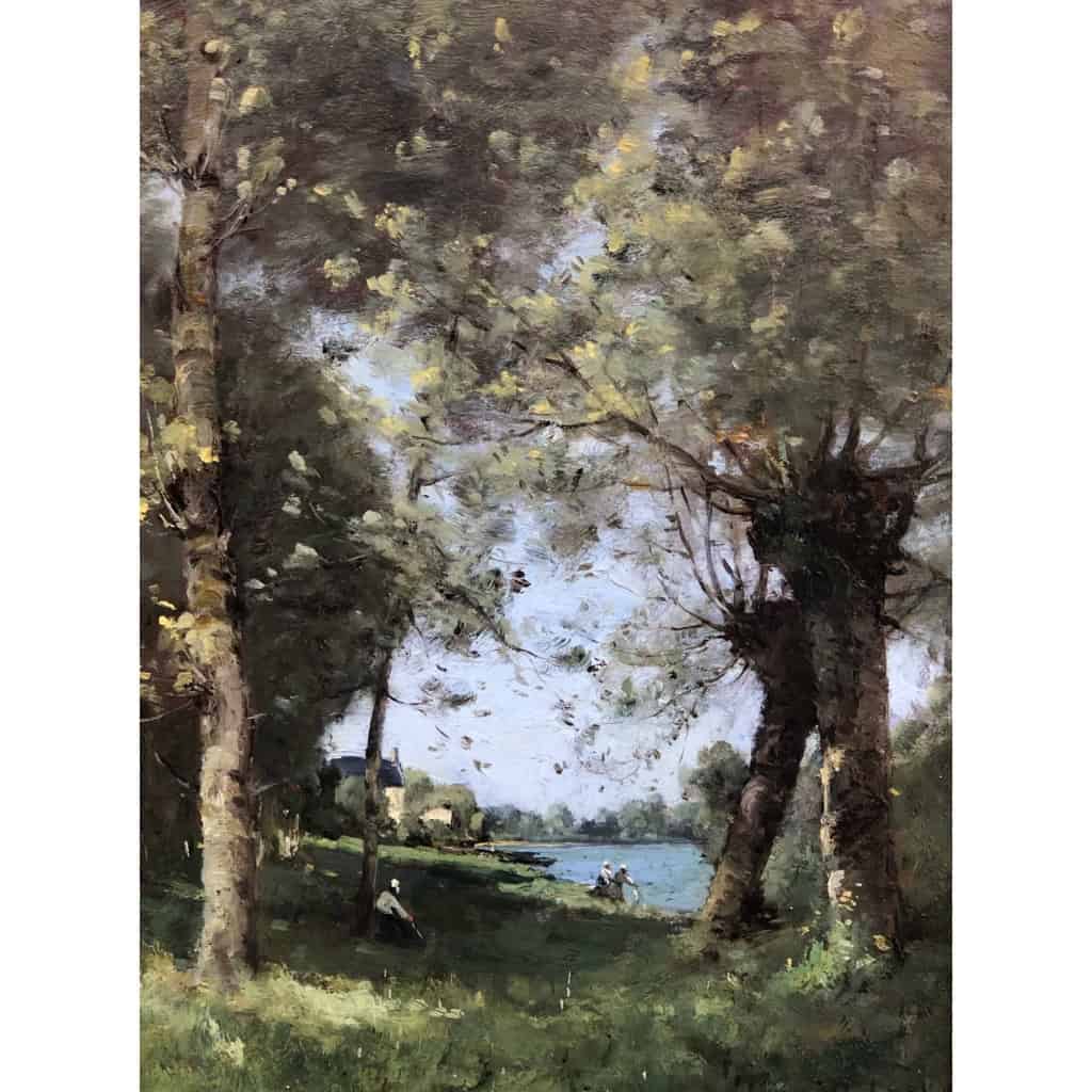TROUILLEBERT Paul Desire Tableau 19è Ecole De Barbizon Lavandières au bord du fleuve Huile sur Toile signée