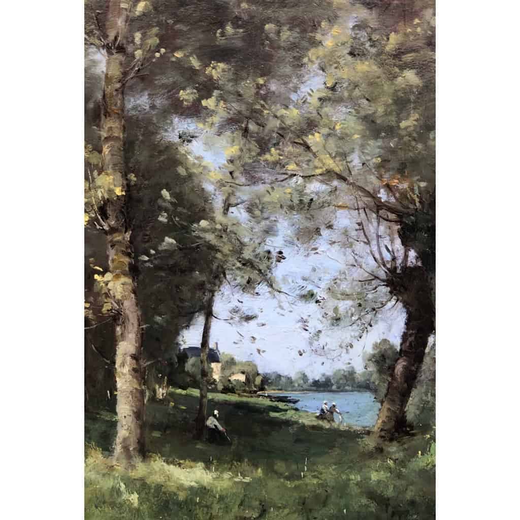 TROUILLEBERT Paul Desire Tableau 19è Ecole De Barbizon Lavandières au bord du fleuve Huile sur Toile signée