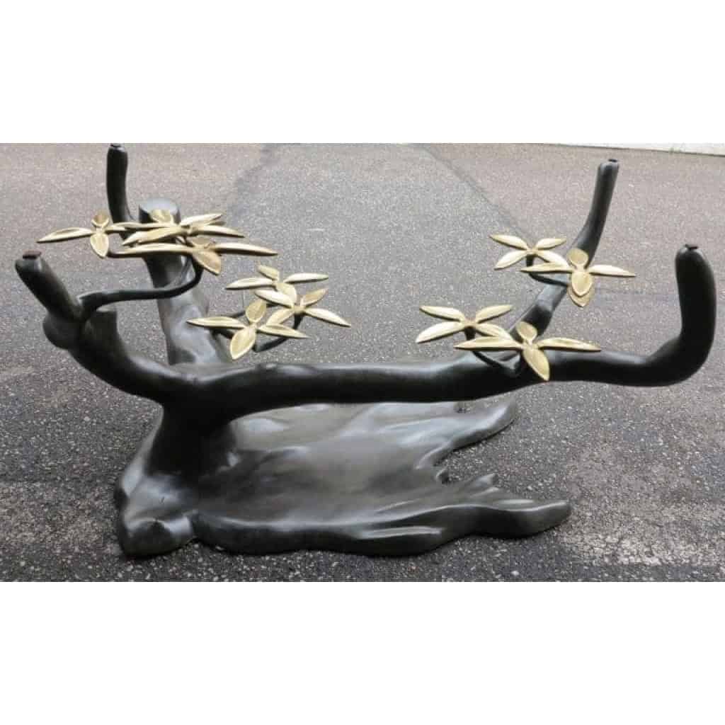 1950/70 Table Basse au Bonzaï sur Dune de Sable en Bronze Doré et Patiné Daro ou Duval Brasseur