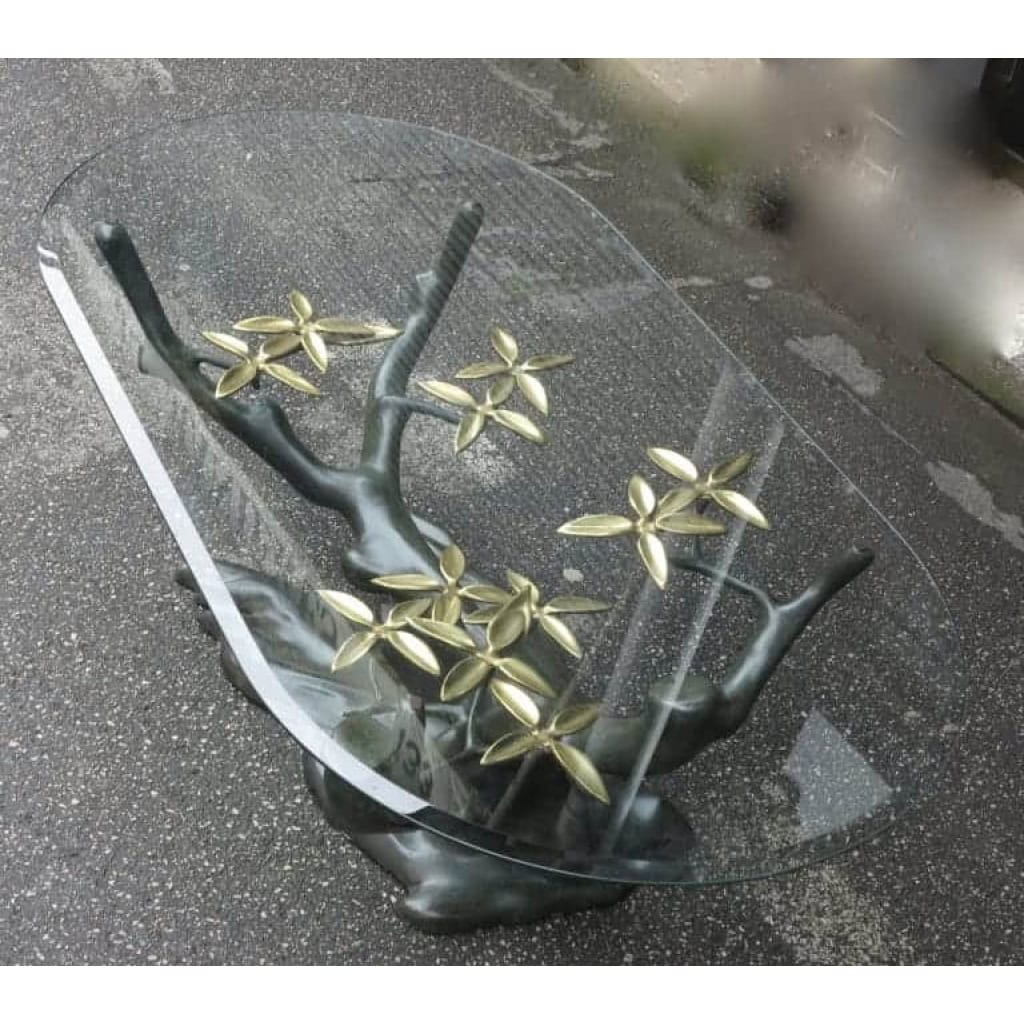 1950/70 Table Basse au Bonzaï sur Dune de Sable en Bronze Doré et Patiné Daro ou Duval Brasseur