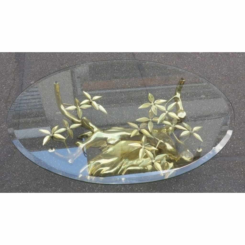 1950/70 Table Basse au Bonzaï sur Dune de Sable en Bronze Doré Willy Daro ou Duval Brasseur