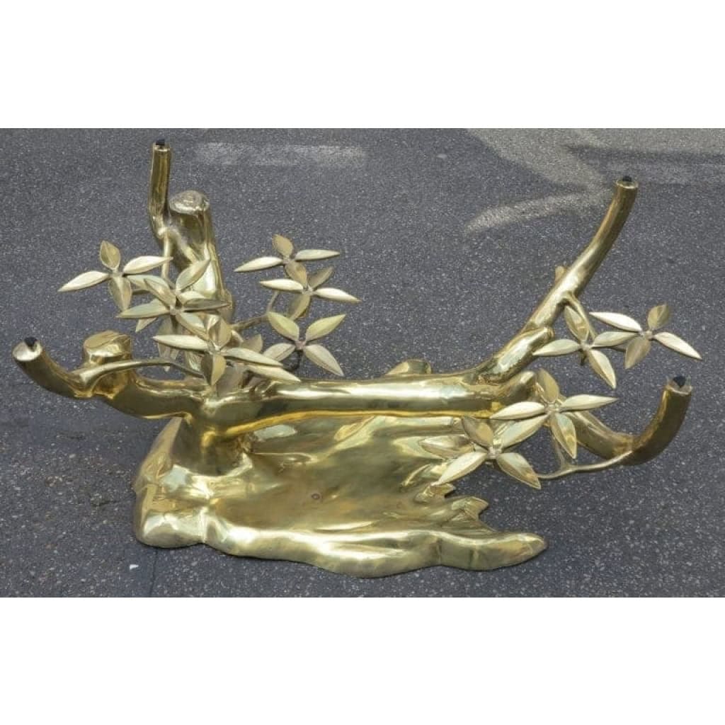 1950/70 Table Basse au Bonzaï sur Dune de Sable en Bronze Doré Willy Daro ou Duval Brasseur
