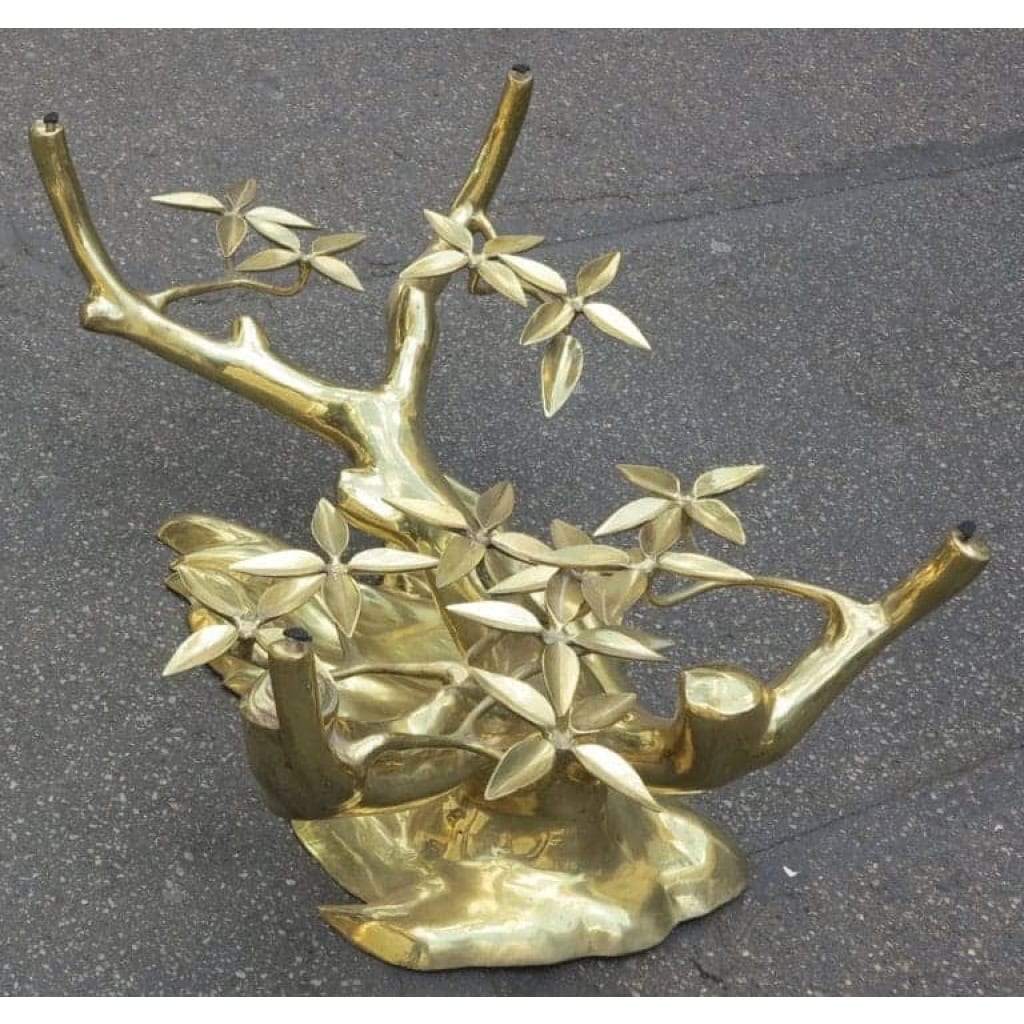 1950/70 Table Basse au Bonzaï sur Dune de Sable en Bronze Doré Willy Daro ou Duval Brasseur