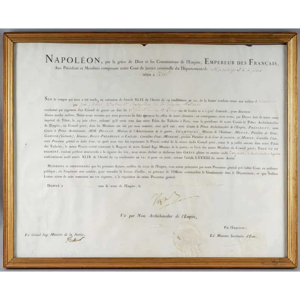 Lettre de grâce imprimée sur Vélin, signée par Napoléon ; 1807 | Biron |||||||