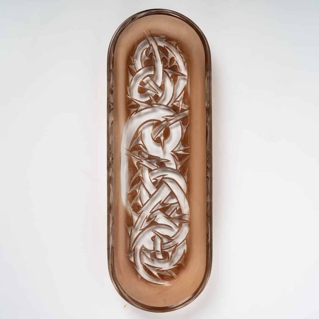 Partie de Garniture de Toilette « Epines » verre blanc patiné sépia de René LALIQUE – 4 pièces | Biron Partie de Garniture de Toilette "Epines" verre blanc patiné sépia de René LALIQUE - 4 pièces