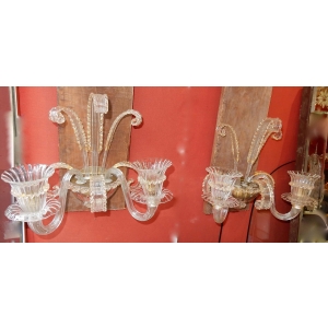 1950/70′ Paire d’Appliques à 2 Bras de Lumière en Cristal de Murano Avec Paillons d’Or Modèle Jet d’Eau Véronèse 33 H X