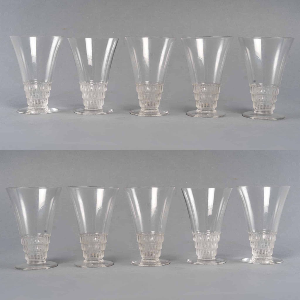 Service à Bordeaux « Bourgueil » verre blanc de René LALIQUE – 10 pièces | Biron ||||||