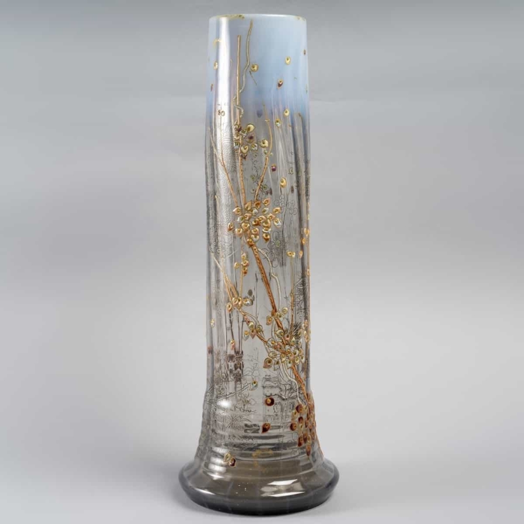 Vase « Chardons et Symphorines » verre gris et opalescent émaillé d’Emile Gallé | Biron ||||||||||||