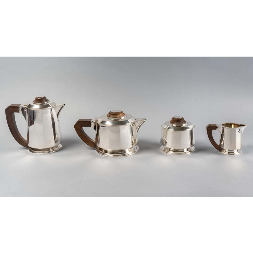 Service Thé et Café Pans Coupés en argent massif et prises en palissandre de Jean E. Puiforcat | Biron |||||||||||||