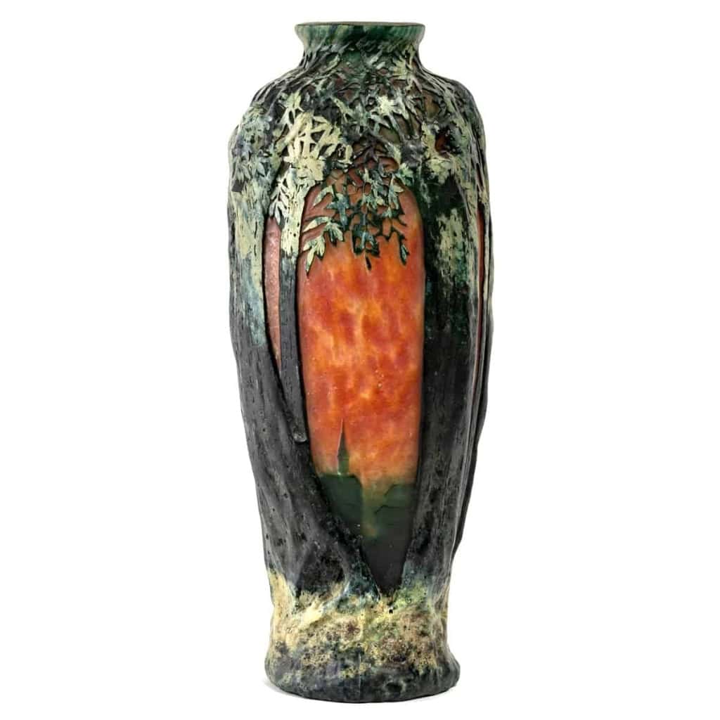 Vase verre multicouche dégagé à l’acide vert et orange de DAUM NANCY | Biron |||||||||